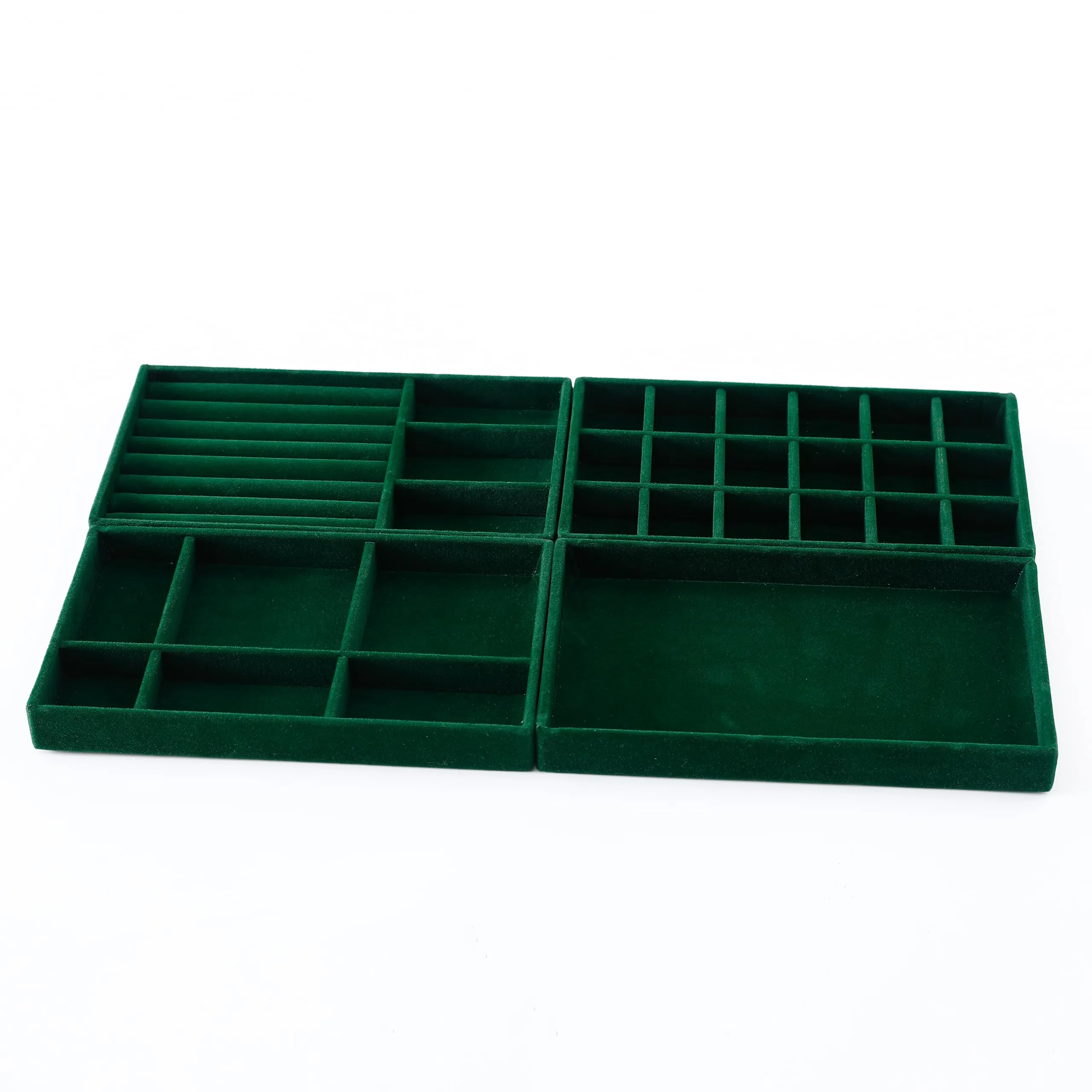 Kuber Industries 16 Pieces Velvet Jewelry Trays Organizer | Jewelry Storage Box | Jewelry Organizer | Showcase Holder Dresser Organizer for Earring Necklace Ring | Pack of 4 | YBL4-05 | Dark Green