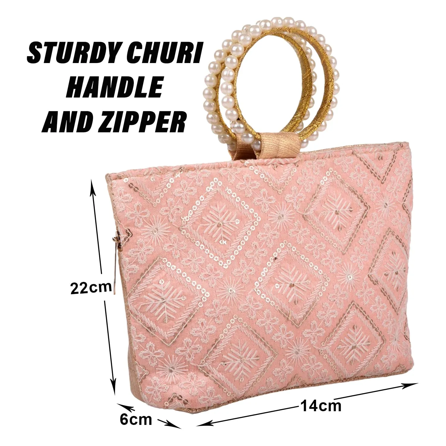 Kuber Industries Clutch Bag | Zig Zag Chicken Silk Embroidery | Moti Churi Handle | Hand Purse for Woman | Party Bags for Woman | Wedding Clutch Purse | Peach