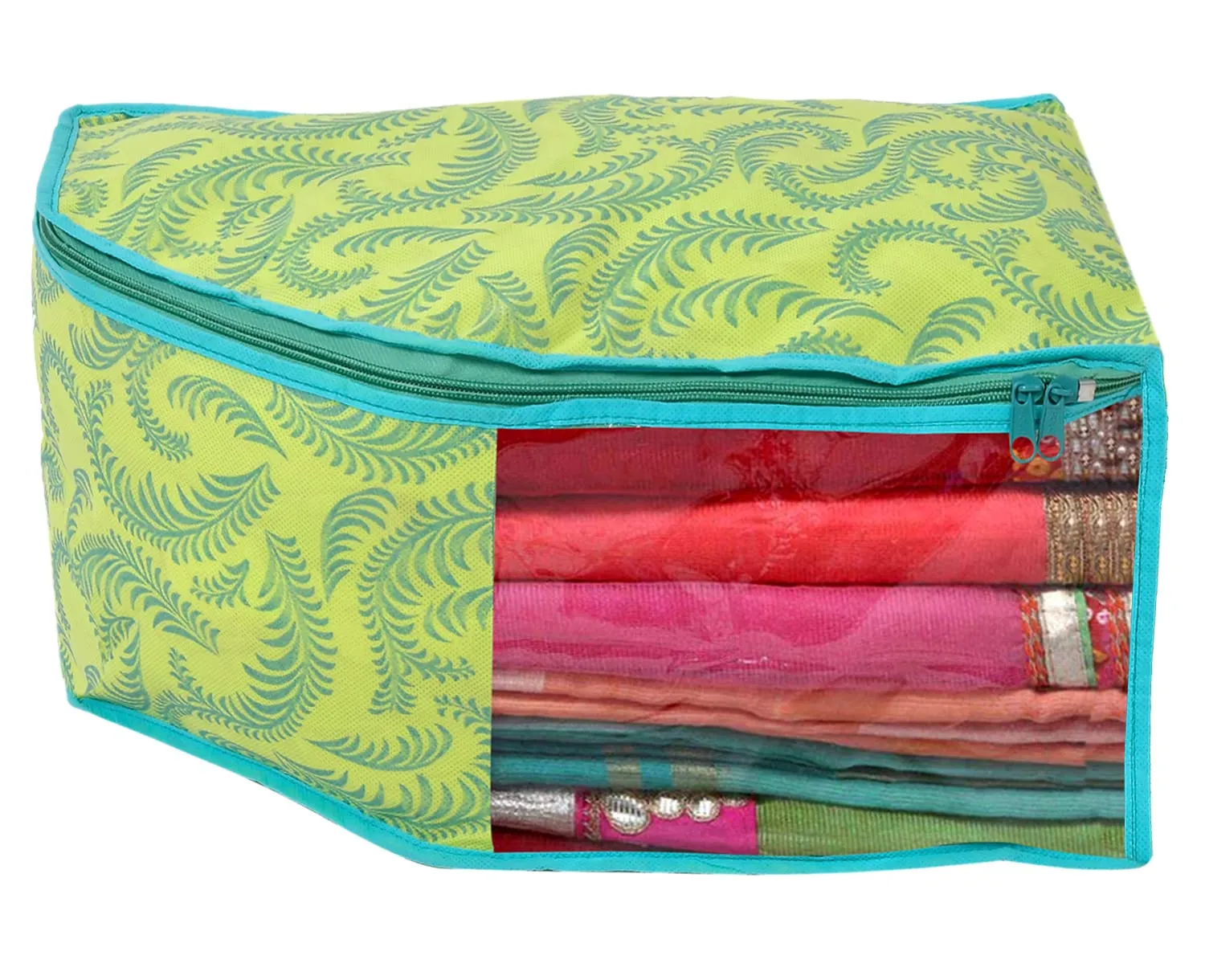 Kuber Industries Leaf Printed Non-Woven Blouse Cover/Organizer With Front Window- Pack of 2 (Green)-44KM0527