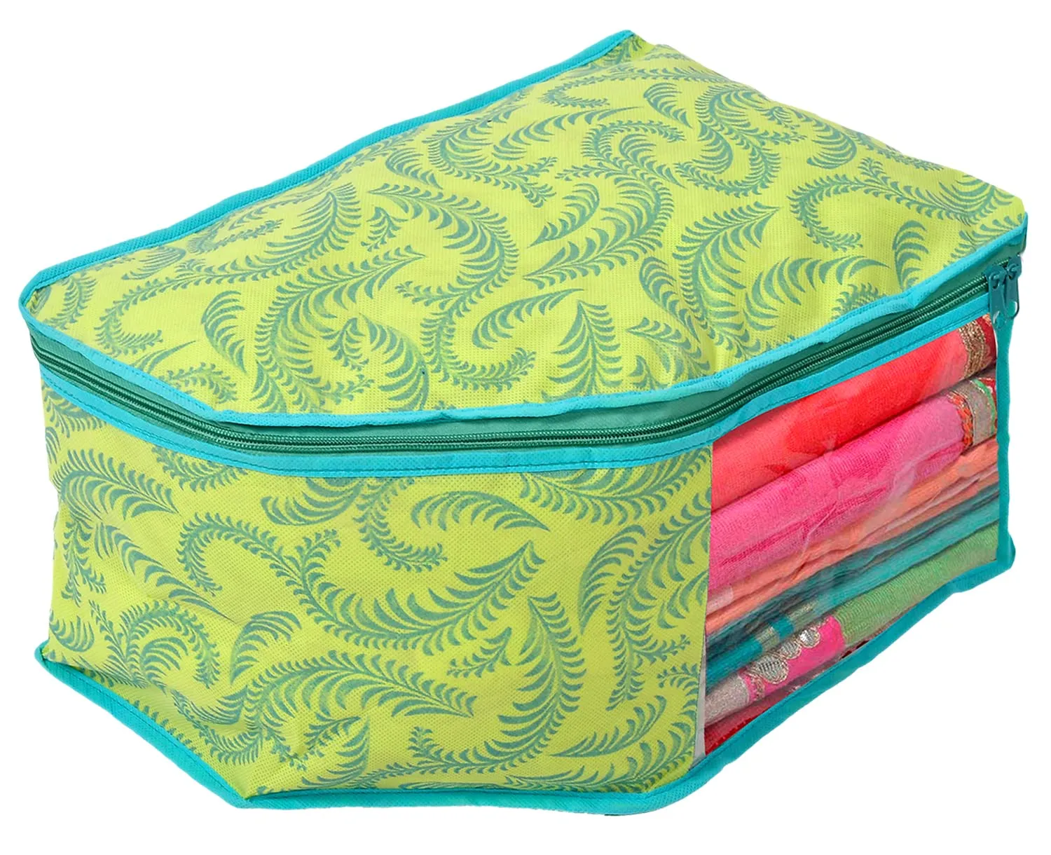 Kuber Industries Leaf Printed Non-Woven Blouse Cover/Organizer With Front Window- Pack of 2 (Green)-44KM0527