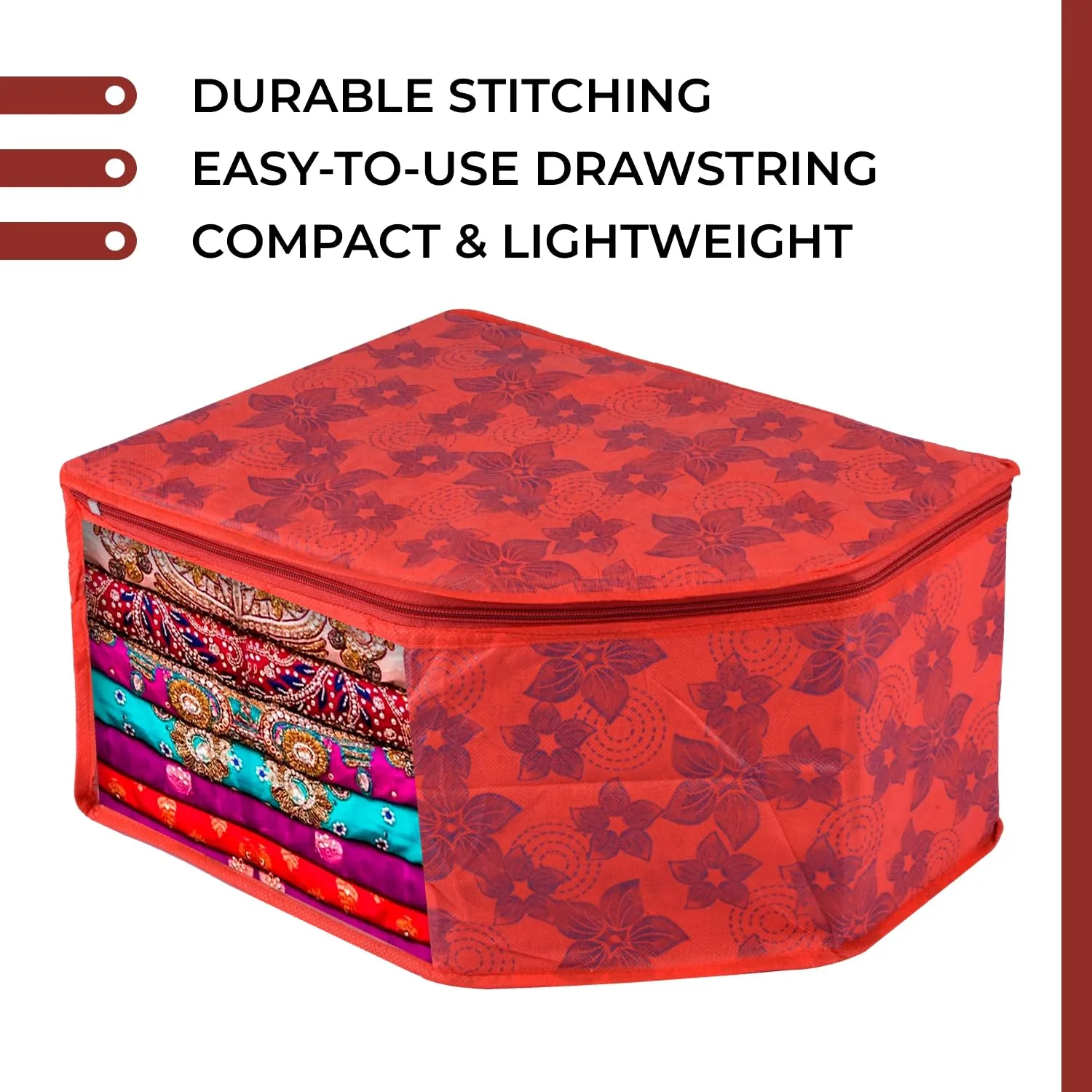 Kuber Industries Saree Cover & Blouse Cover Set | Saree & Blouse Organizer Combo Set | 2 Pieces Blouse & 2 Pieces Saree Cover Set | Zipper Closure | Flower-Design | Set of 4 | Red