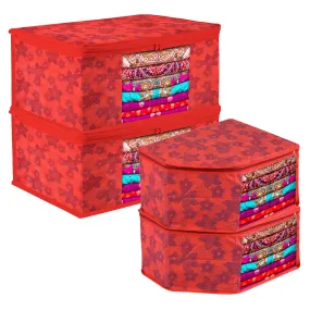 Kuber Industries Saree Cover & Blouse Cover Set | Saree & Blouse Organizer Combo Set | 2 Pieces Blouse & 2 Pieces Saree Cover Set | Zipper Closure | Flower-Design | Set of 4 | Red