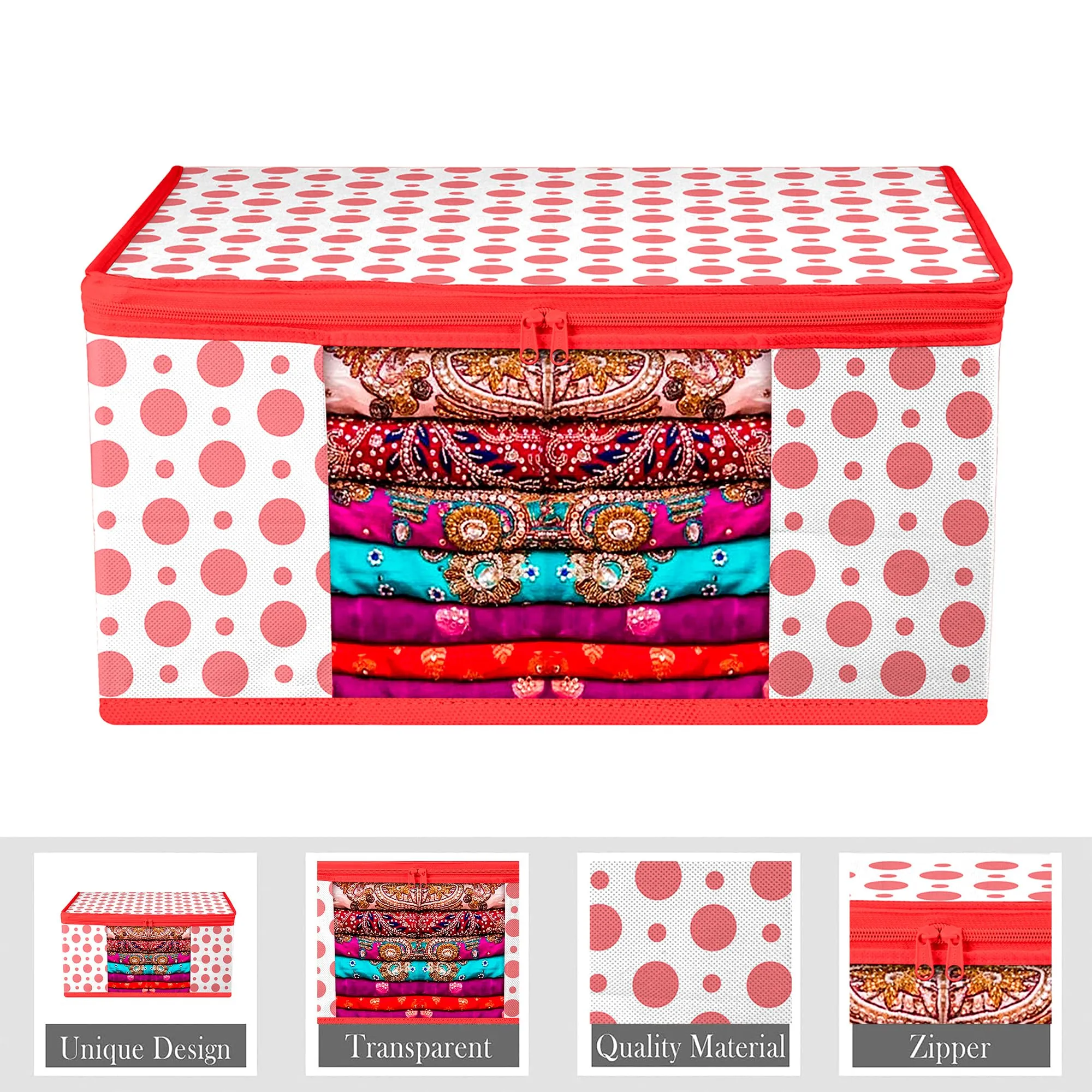 Kuber Industries Saree Cover & Blouse Cover Set | Saree & Blouse Organizer Combo Set | 3 Pieces Blouse & 3 Pieces Saree Cover Set | Zipper Closure | Dot-Design | Set of 6 | Red