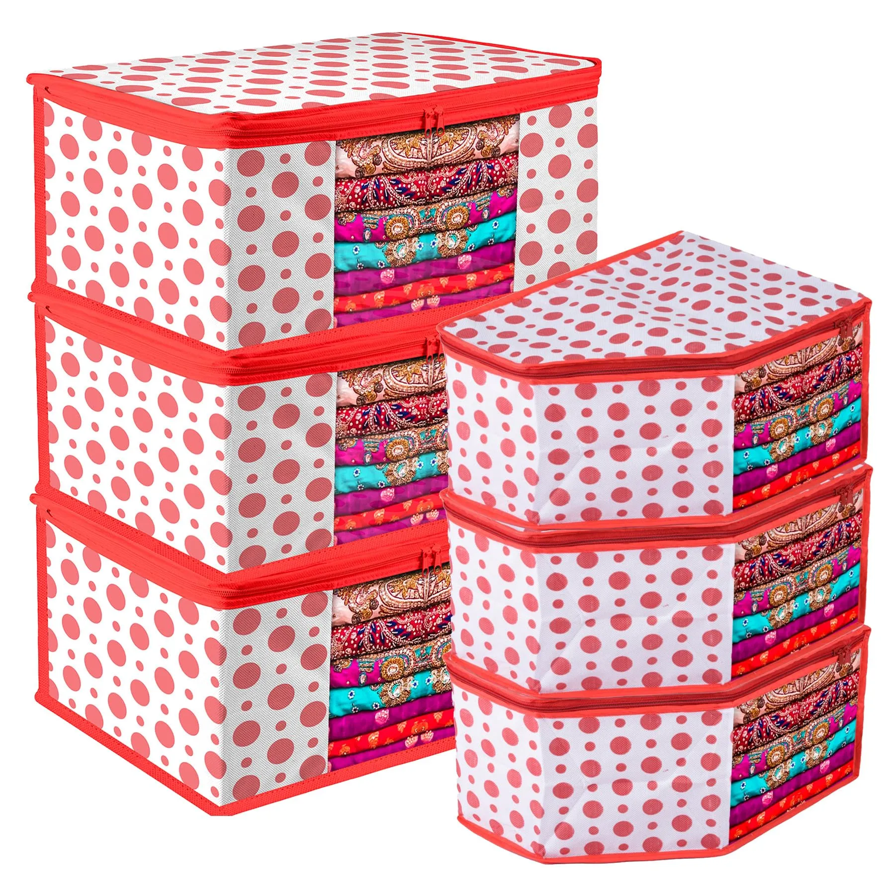 Kuber Industries Saree Cover & Blouse Cover Set | Saree & Blouse Organizer Combo Set | 3 Pieces Blouse & 3 Pieces Saree Cover Set | Zipper Closure | Dot-Design | Set of 6 | Red