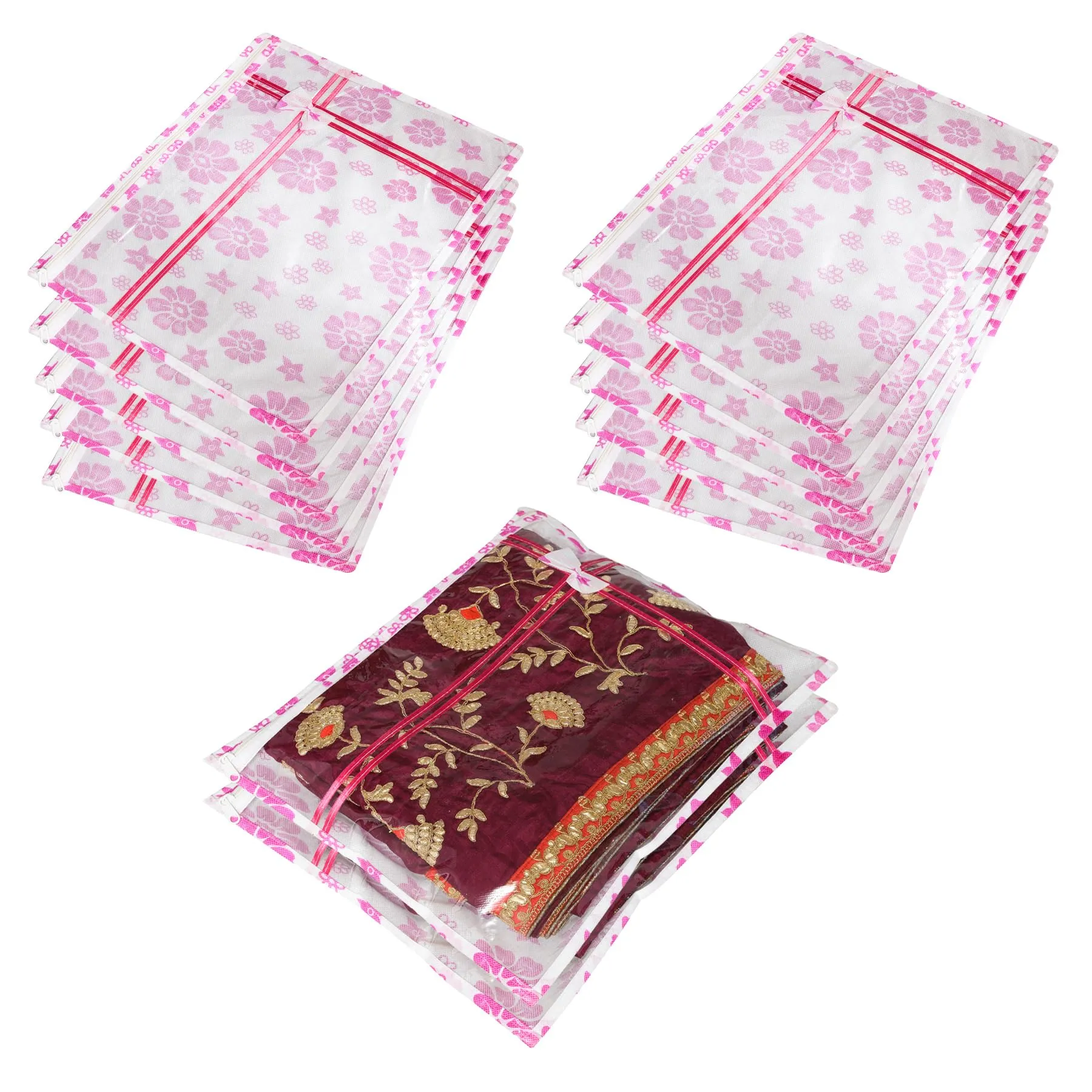 Kuber Industries Saree Cover | Clothes Storage Bag | Single Packing Saree with Zip Closure | Wardrobe Organizer | Cloth Stoarge Organizer | Bow Pink Flower-Design | Pack of 12 | White