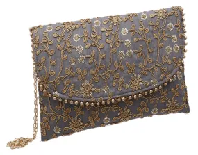 Kuber Industries Women's Handcrafted Embroidered Clutch Bag (Grey, CTKTC034517)