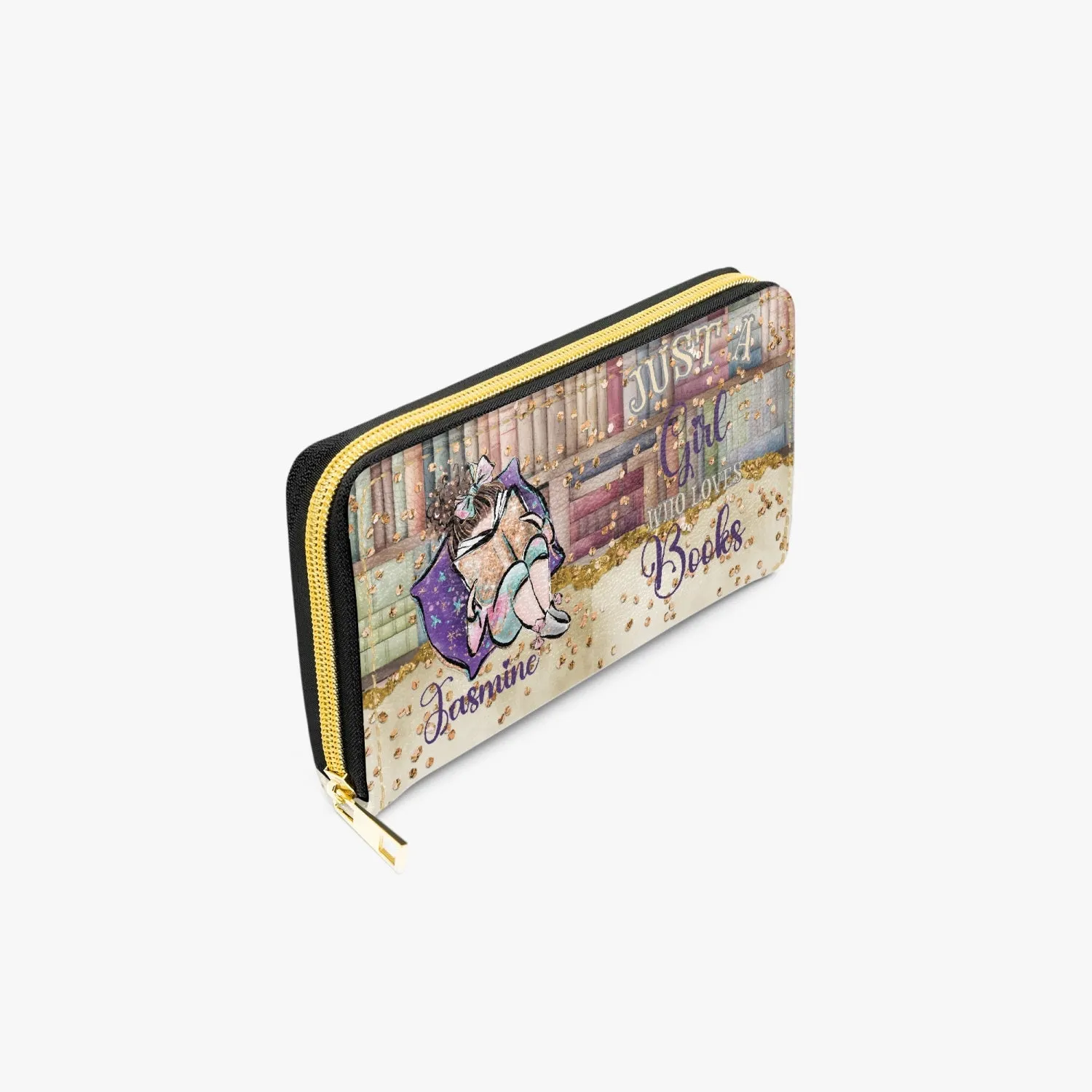 Long Type Zipper Purse, Just a Girl Who Loves Books, Brunette Hair