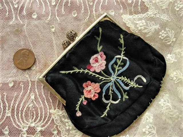 LOVELY Antique FRENCH Embroidered Change Purse,Pink Roses,Blue Bow, Handbag  Purse,Evening Clutch, Collectible Purses, Made in France