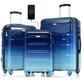 Luggage Set of 3, 20-inch with USB Port, Airline Certified Carry-on Luggage with Cup Holder, ABS PC Hard Shell Luggage with Spinner Wheels, Gradient Blue