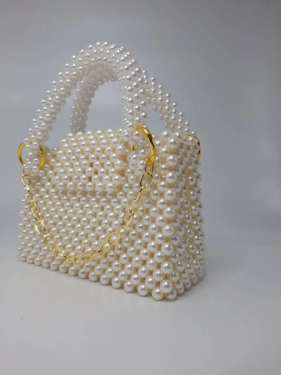 Lulua Stitches Handmade Off-White Pearl Beaded Bag