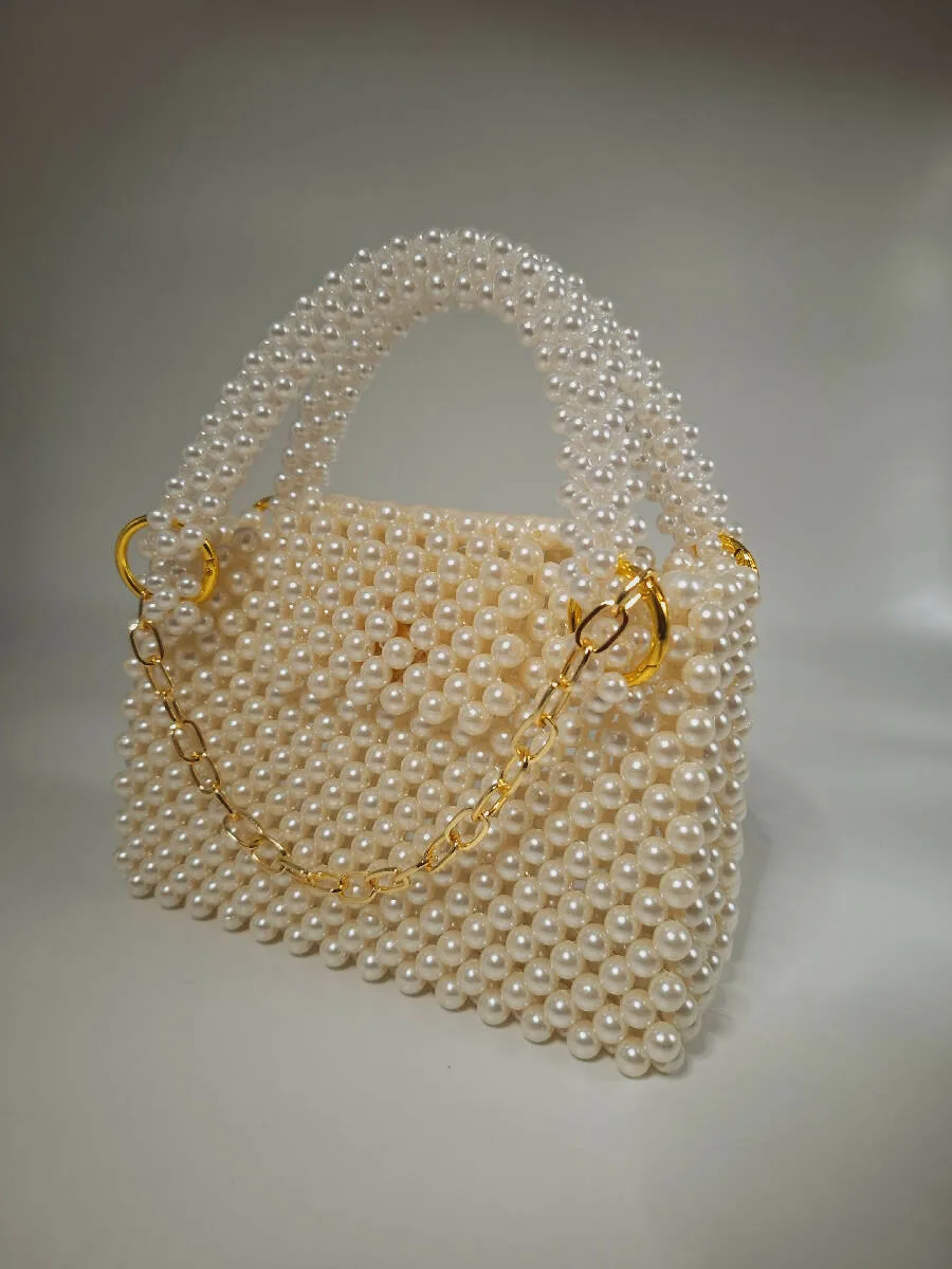 Lulua Stitches Handmade Off-White Pearl Beaded Bag