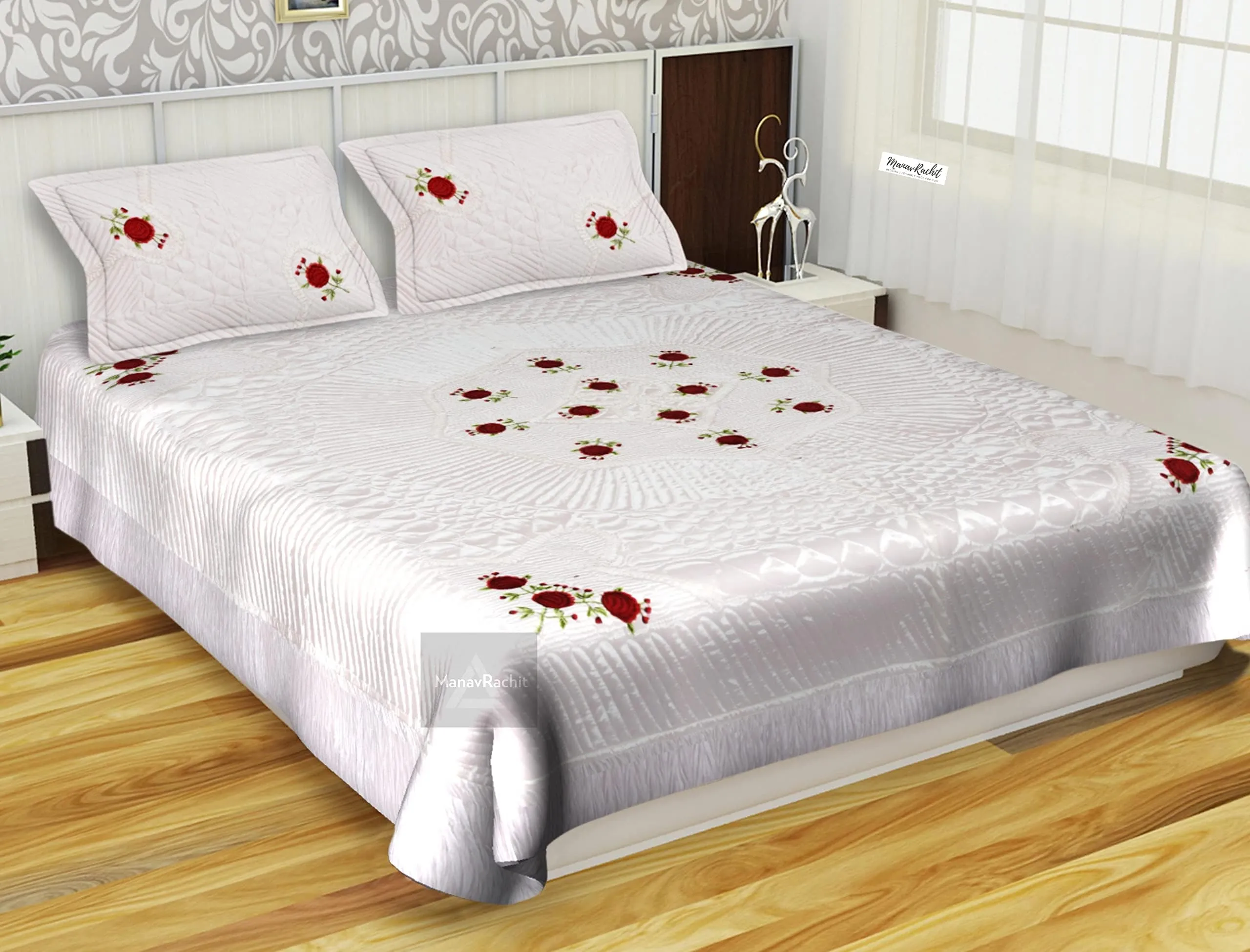 ManavRachit Satin Red Rose Floral Embroidery 310 TC Bedding Set Luxury King Size Bedsheet with 2 Pillow Covers Set for Wedding Gift, Hotels, Guest House, Home & Living Room (White)