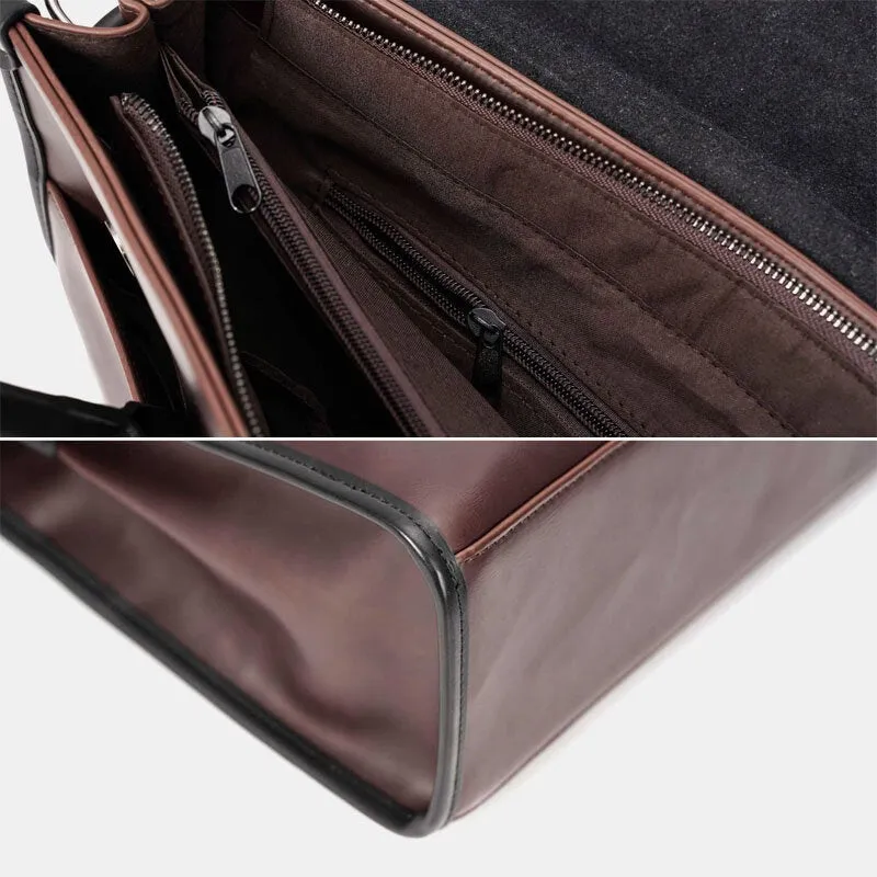 Men PU Leather Horizontal Large Capacity Briefcase 15.6 Inch Laptop Bag Business Travel Shoulder Document Crossbody