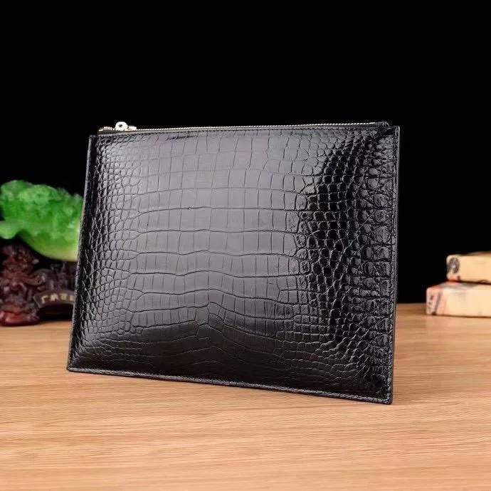 Mens Clutch Bags | Crocodile Skin Leather Zip Pouch Black