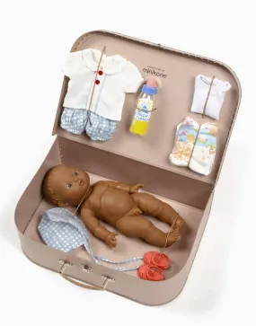 Minikane Baby Doll(34cm) — Cesar with Blue Gingham Patterns Vintage Suitcase