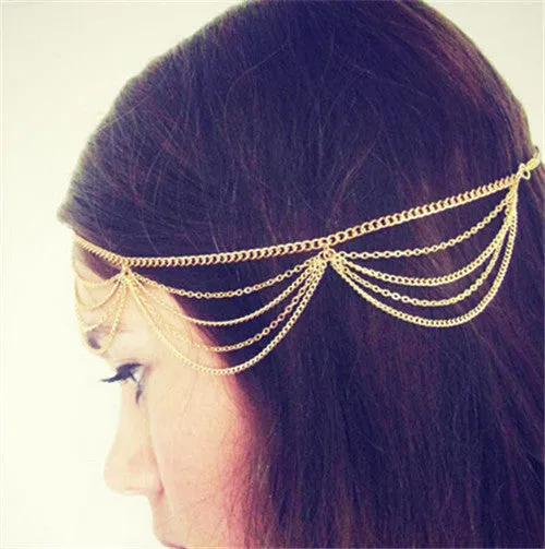 Multi Layer Metal Gold Plated Head Chain Hair Jewelry Tassel Pearl Leaves Bindi Hair Accesories