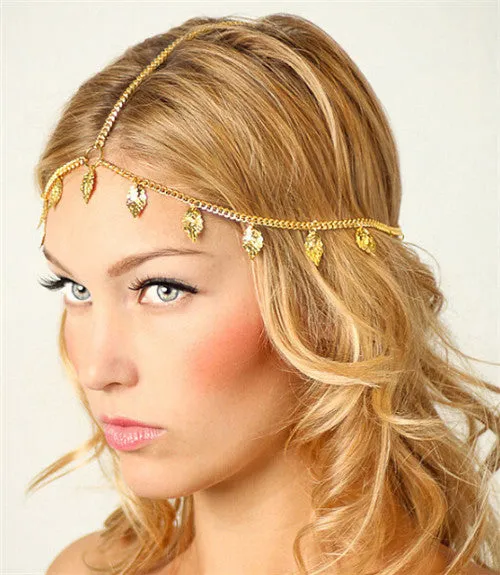 Multi Layer Metal Gold Plated Head Chain Hair Jewelry Tassel Pearl Leaves Bindi Hair Accesories