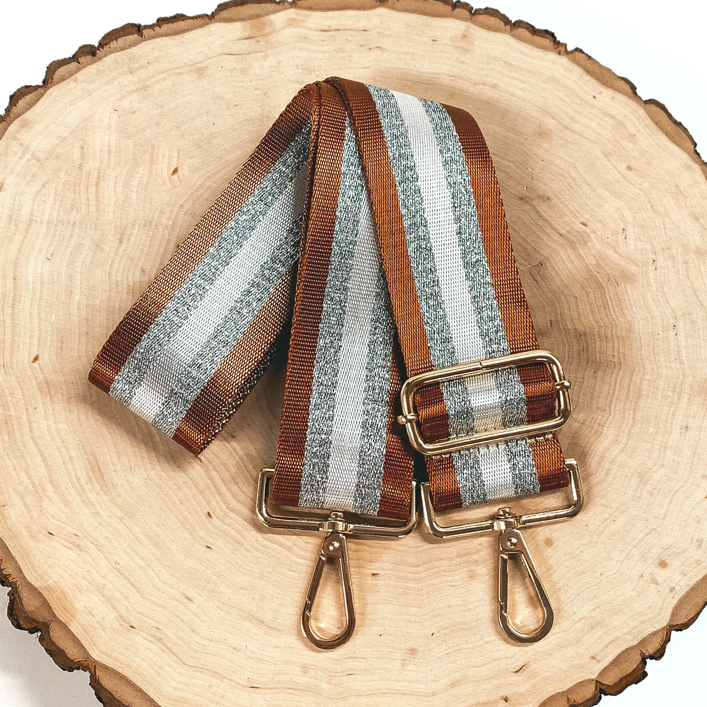 Multicolored Striped Adjustable Purse Strap in Camel Brown, White, and Silver