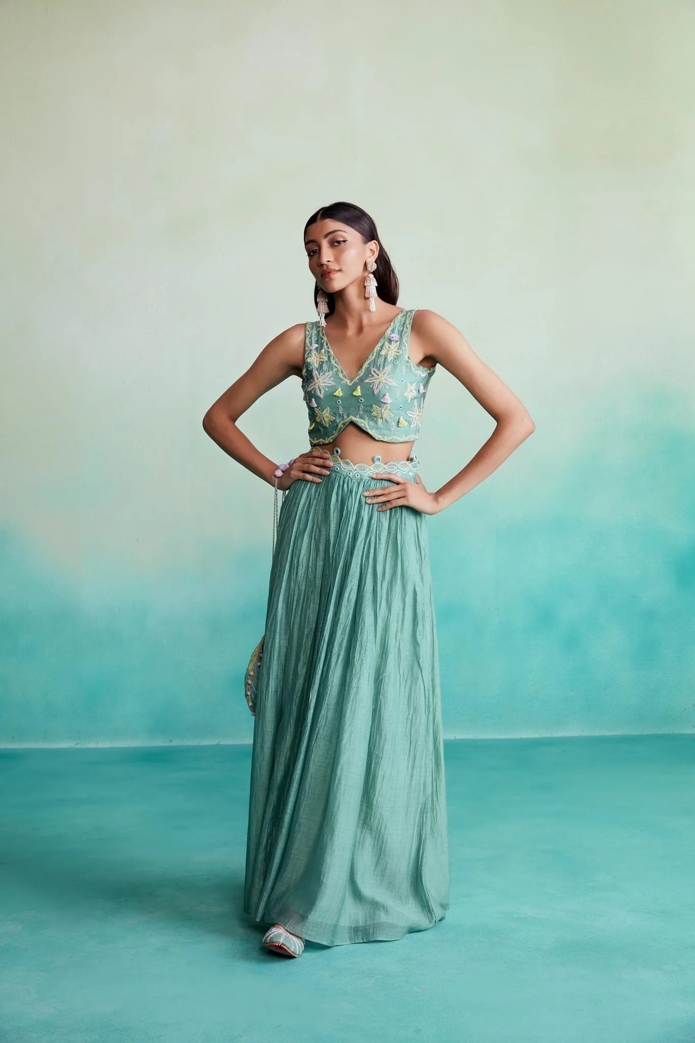 Nilaya skirt top set - Mint Hand embroidered Crop-top Skirt & Dupatta set