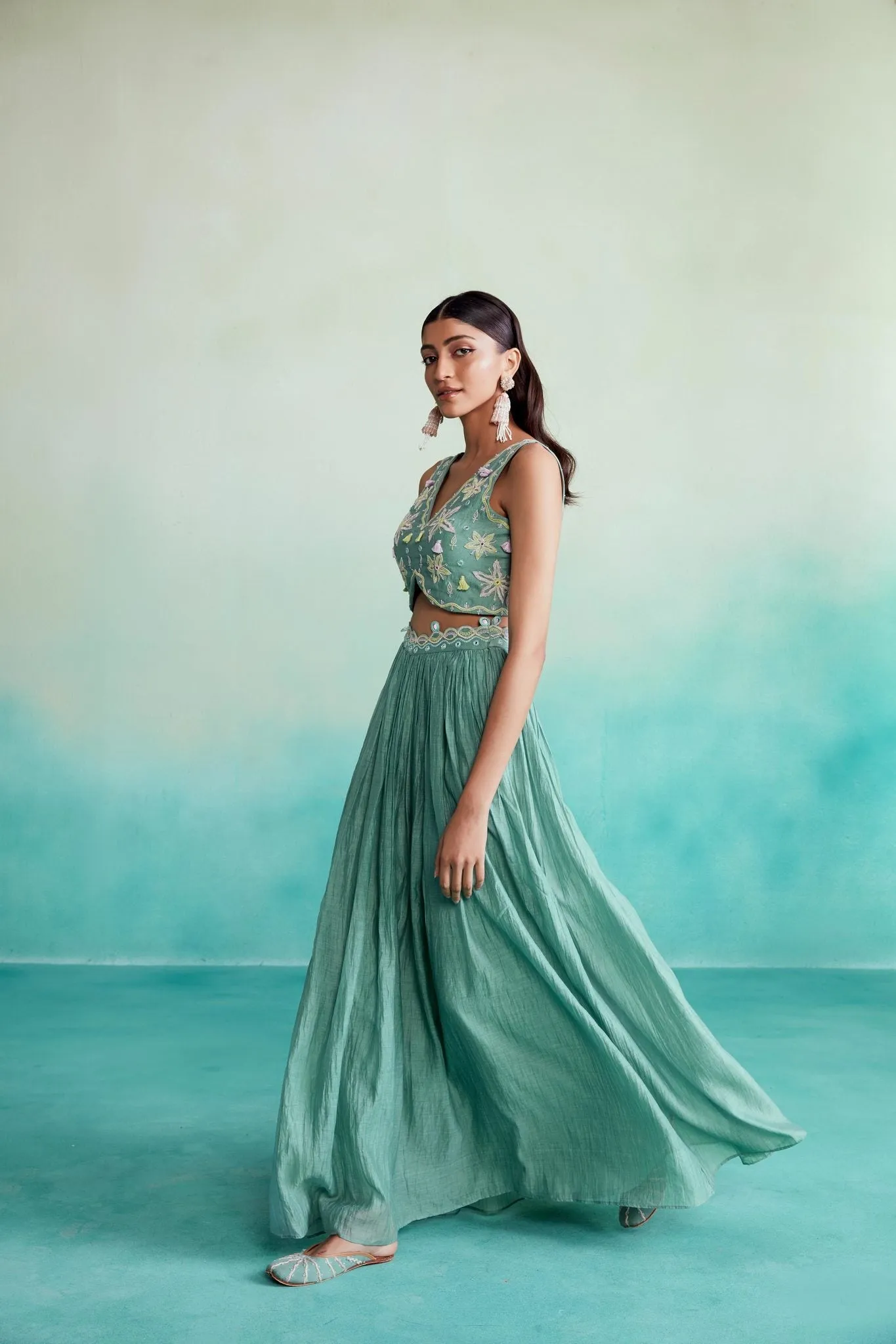 Nilaya skirt top set - Mint Hand embroidered Crop-top Skirt & Dupatta set