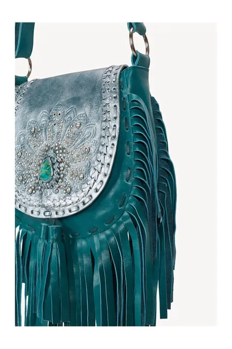 Peacock Metallic Teal Shoulder Bag-Fringed Leather Bag