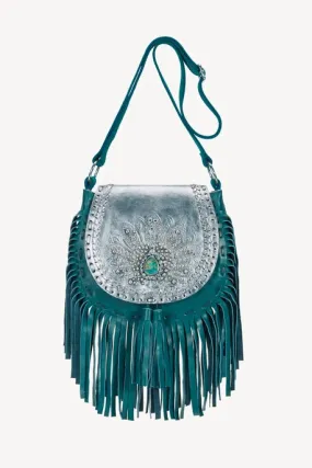 Peacock Metallic Teal Shoulder Bag-Fringed Leather Bag