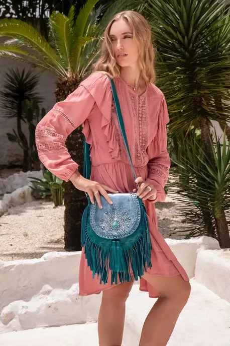 Peacock Metallic Teal Shoulder Bag-Fringed Leather Bag