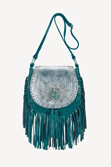 Peacock Metallic Teal Shoulder Bag-Fringed Leather Bag