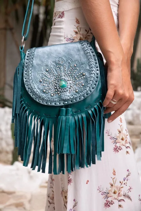 Peacock Metallic Teal Shoulder Bag-Fringed Leather Bag