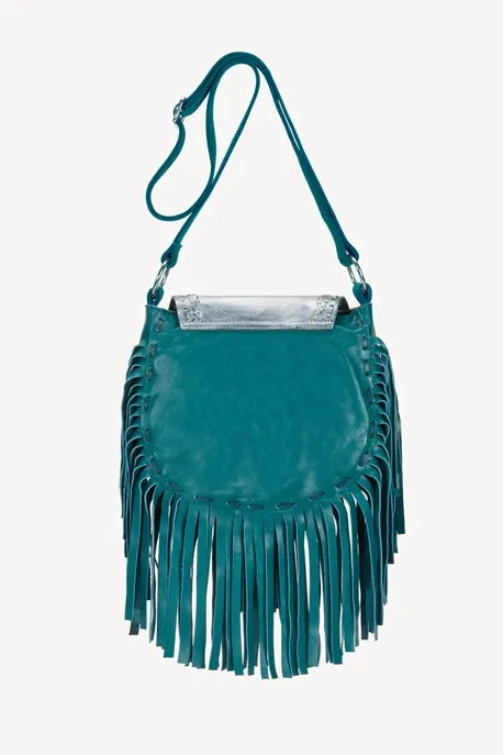 Peacock Metallic Teal Shoulder Bag-Fringed Leather Bag