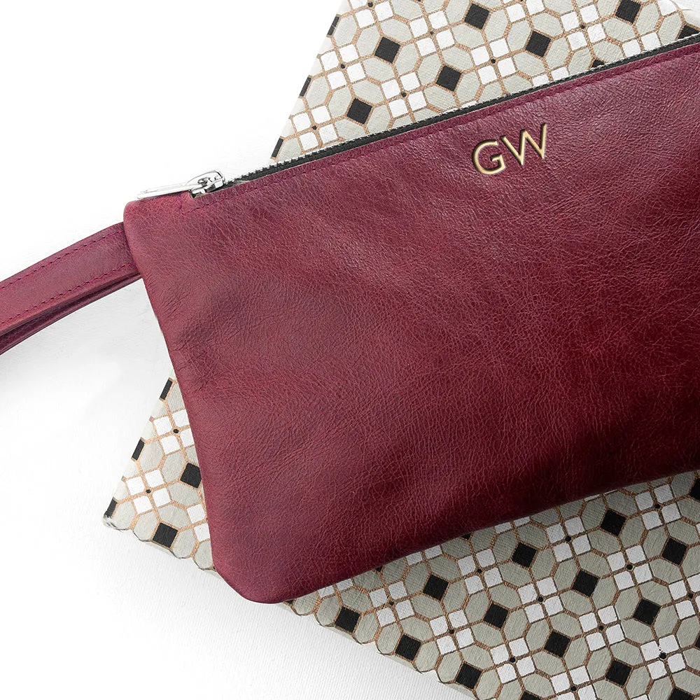 Personalised Monogram Burgundy Leather Clutch Bag