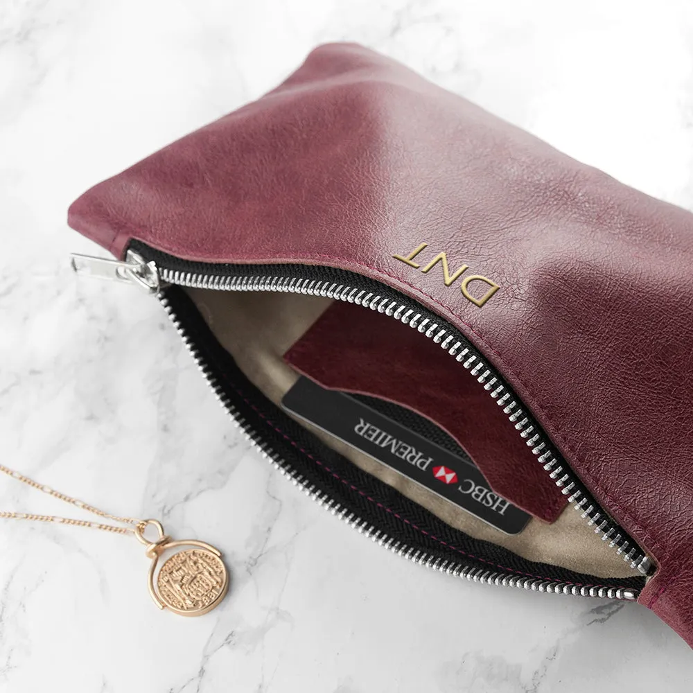 Personalised Monogram Burgundy Leather Clutch Bag