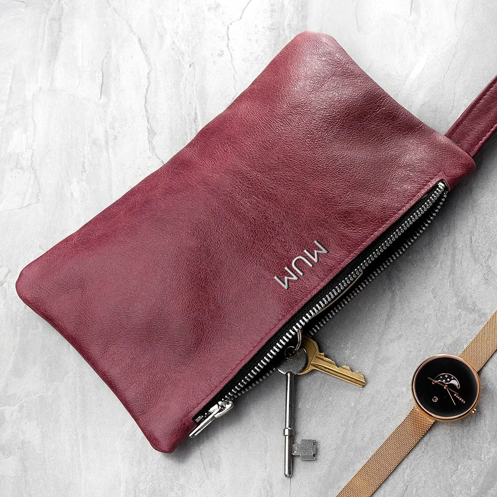 Personalised Monogram Burgundy Leather Clutch Bag