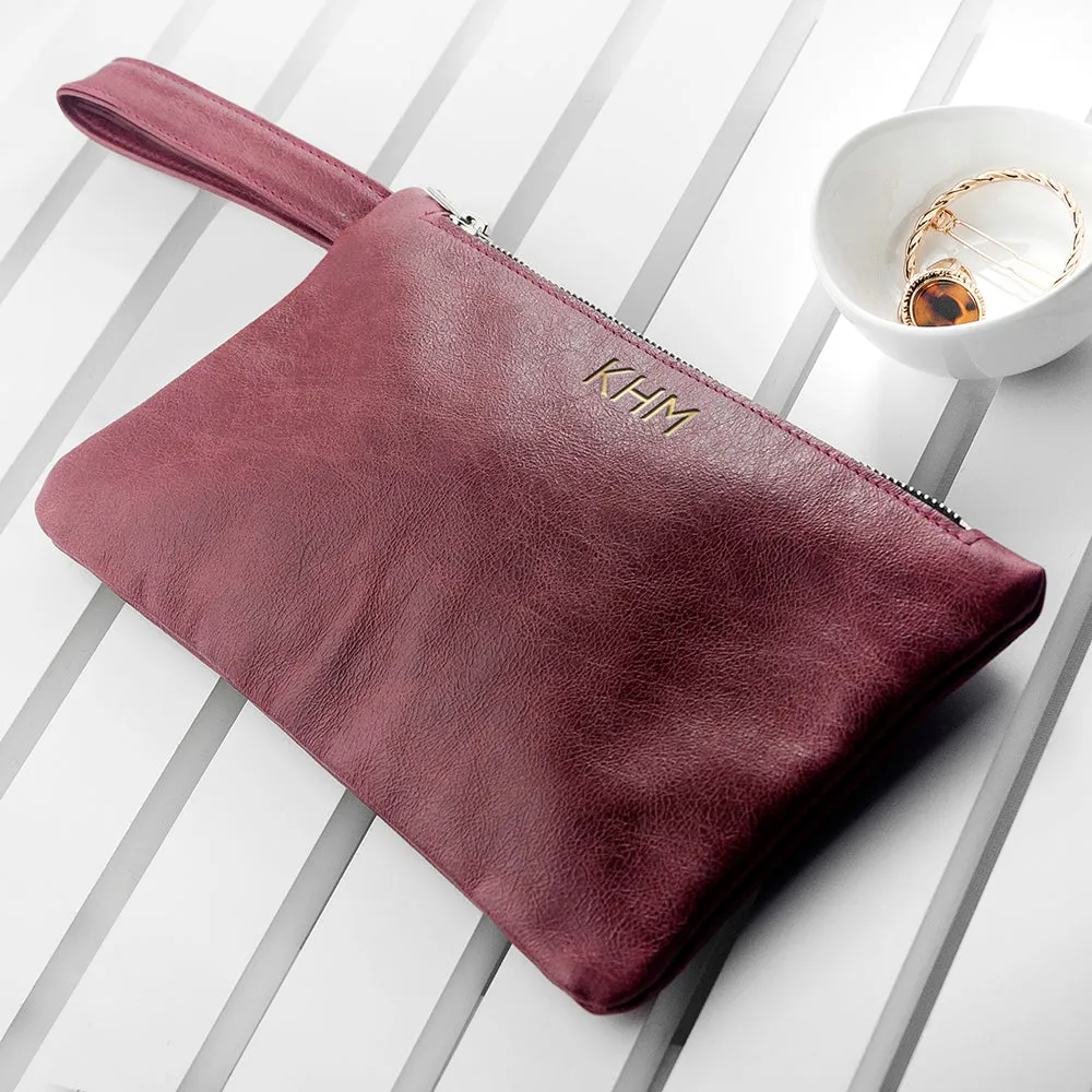 Personalised Monogram Burgundy Leather Clutch Bag