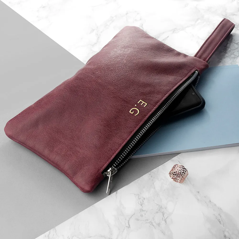 Personalised Monogram Burgundy Leather Clutch Bag