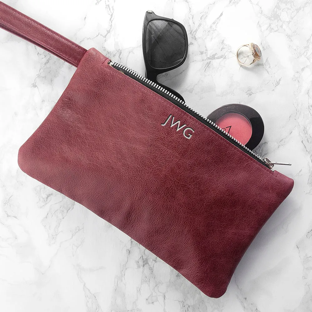 Personalised Monogram Burgundy Leather Clutch Bag