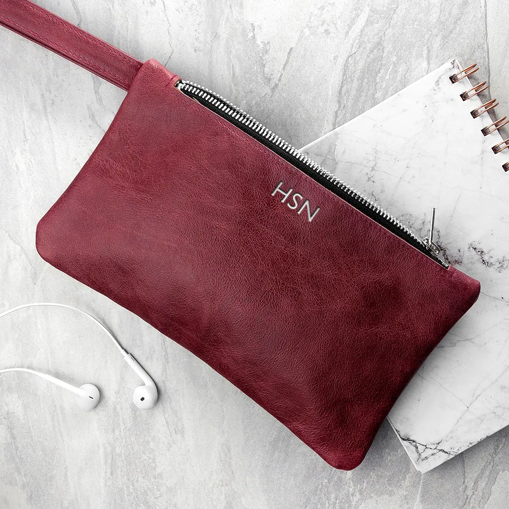 Personalised Monogram Burgundy Leather Clutch Bag