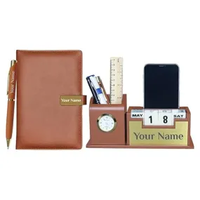 Personalized Desk Organizer With Diary Pen Set With Name - Tan Golden