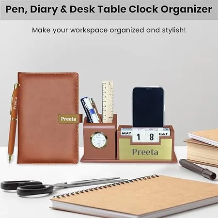 Personalized Desk Organizer With Diary Pen Set With Name - Tan Golden