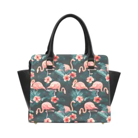 Pink Flamingo Purse Handbag, Cute Tropical Green High Grade Vegan Leather Designer Women Gift Satchel Top Zip Handle Bag Shoulder Strap