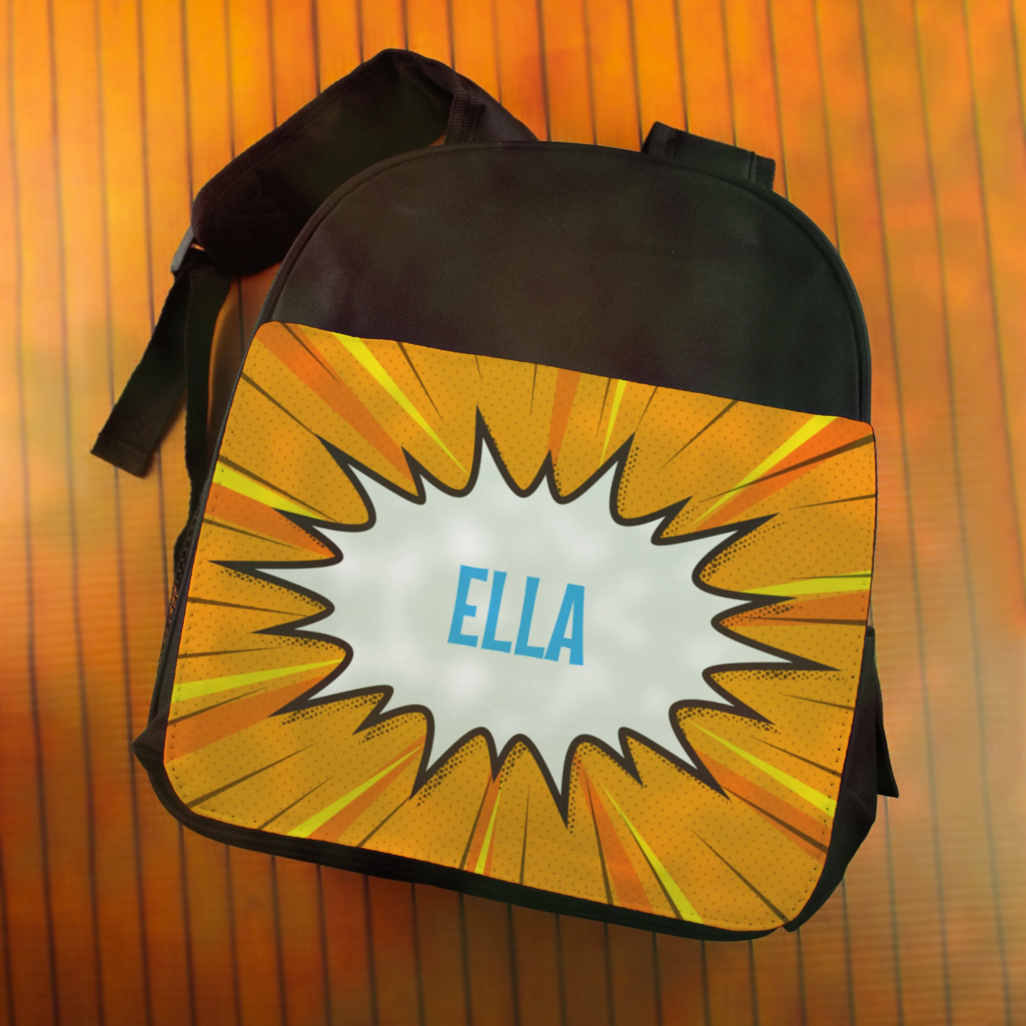 Printed Kids Black Backpack with Comic Book Superhero Design, Customise with Any Name