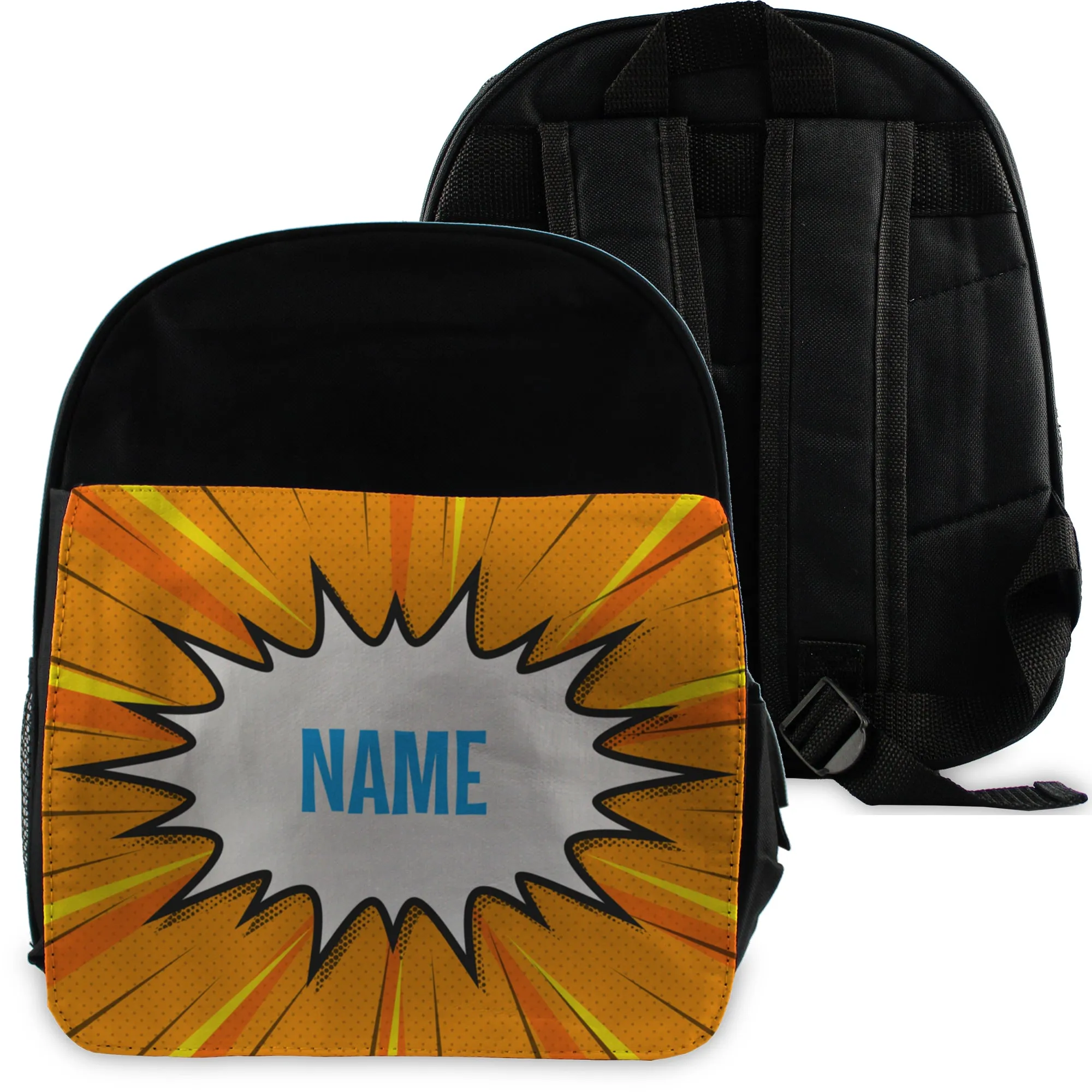 Printed Kids Black Backpack with Comic Book Superhero Design, Customise with Any Name