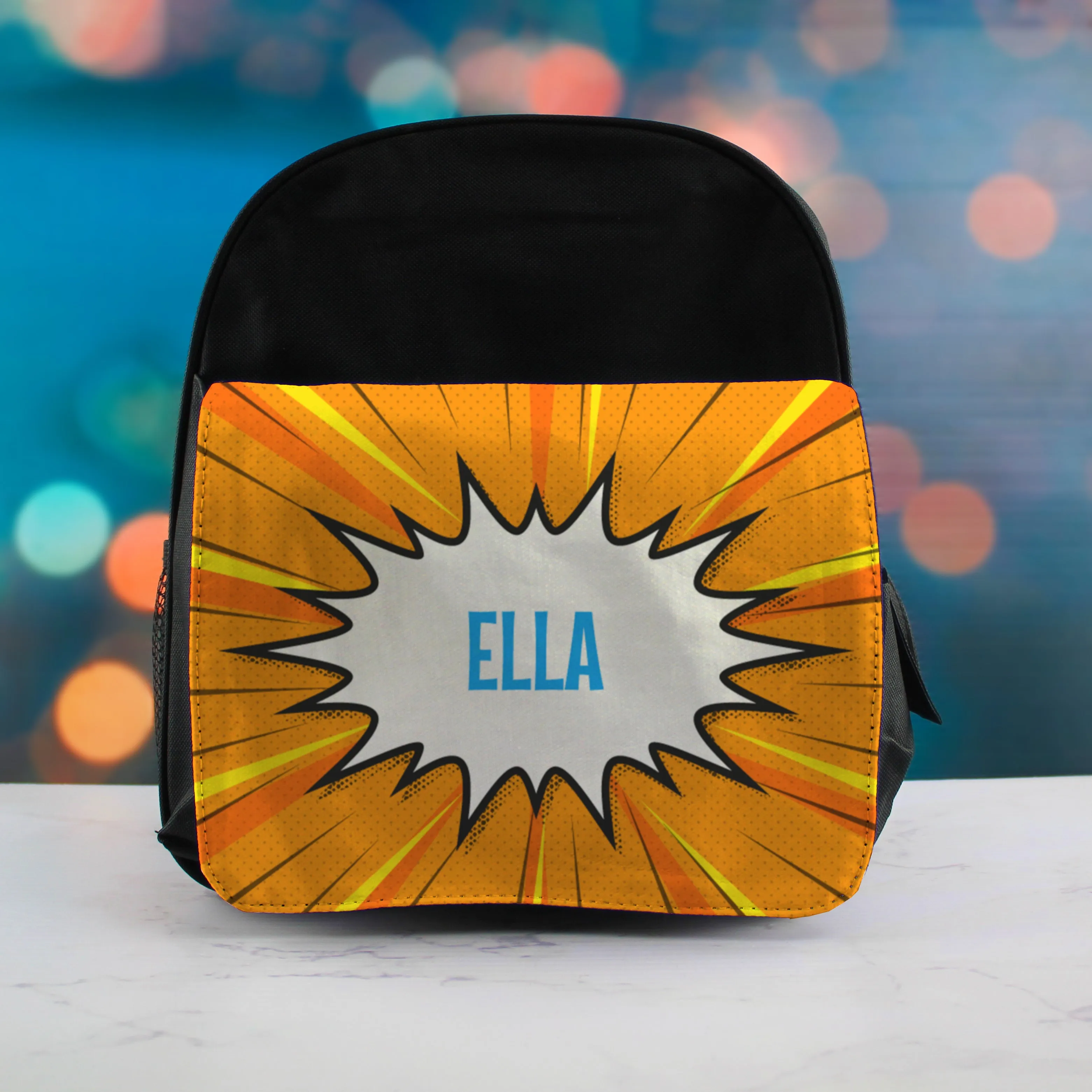 Printed Kids Black Backpack with Comic Book Superhero Design, Customise with Any Name