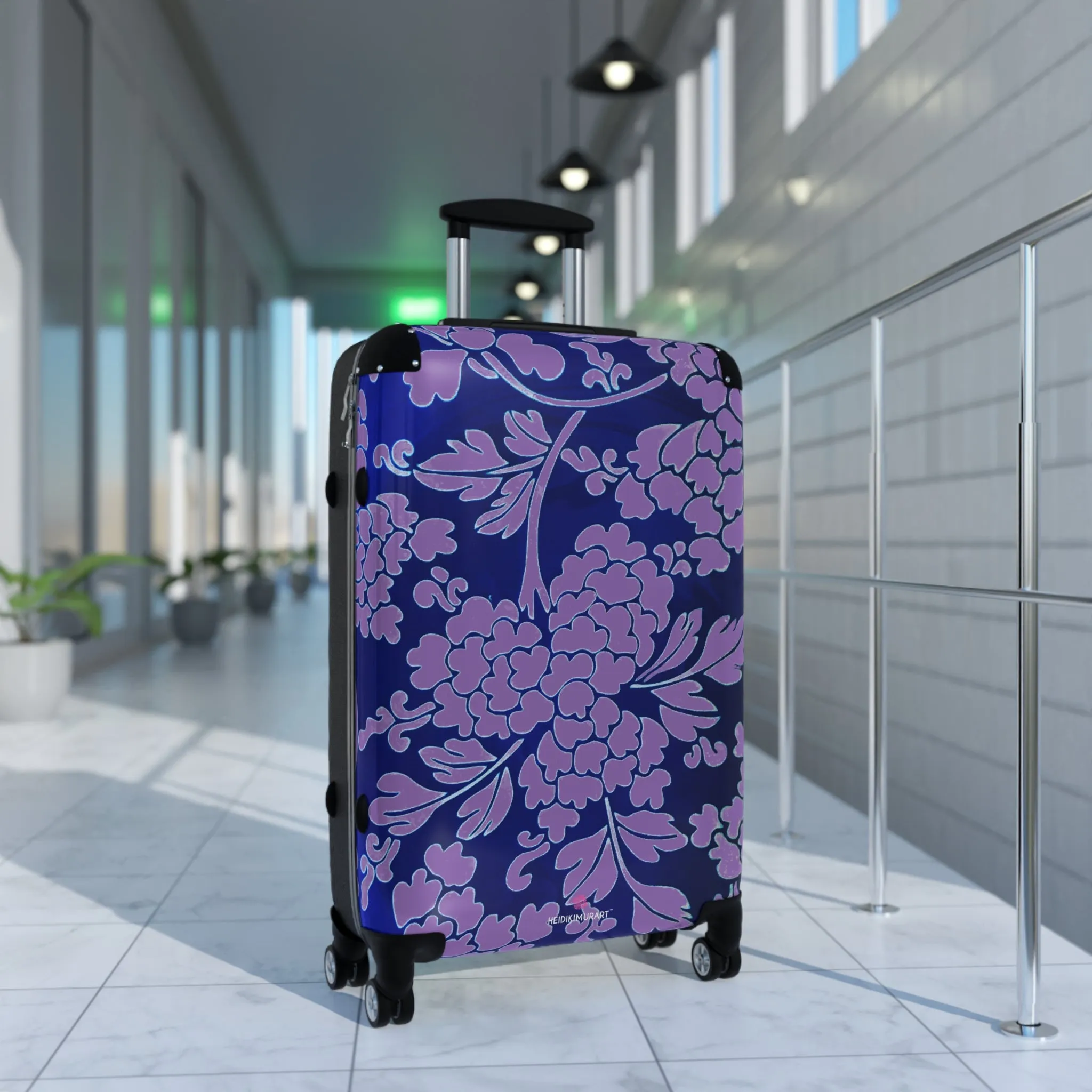 Purple Blue Floral Print Suitcase, Abstract Oriental Style Floral Print Designer Suitcases, Travel Bag Suitcases (Small, Medium, Large)