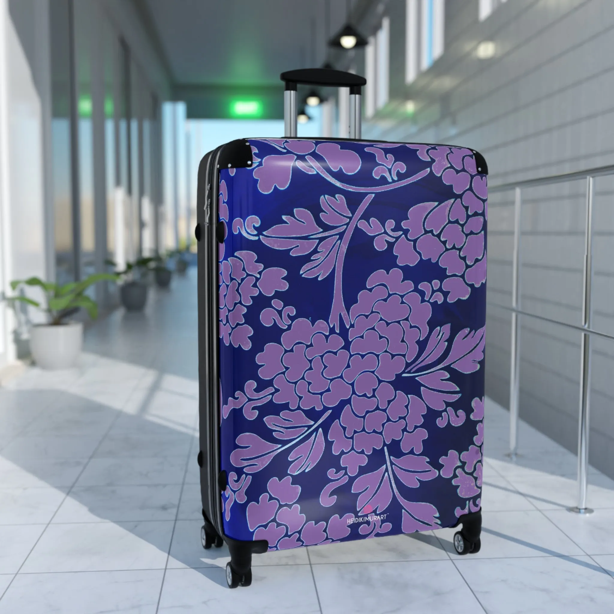 Purple Blue Floral Print Suitcase, Abstract Oriental Style Floral Print Designer Suitcases, Travel Bag Suitcases (Small, Medium, Large)