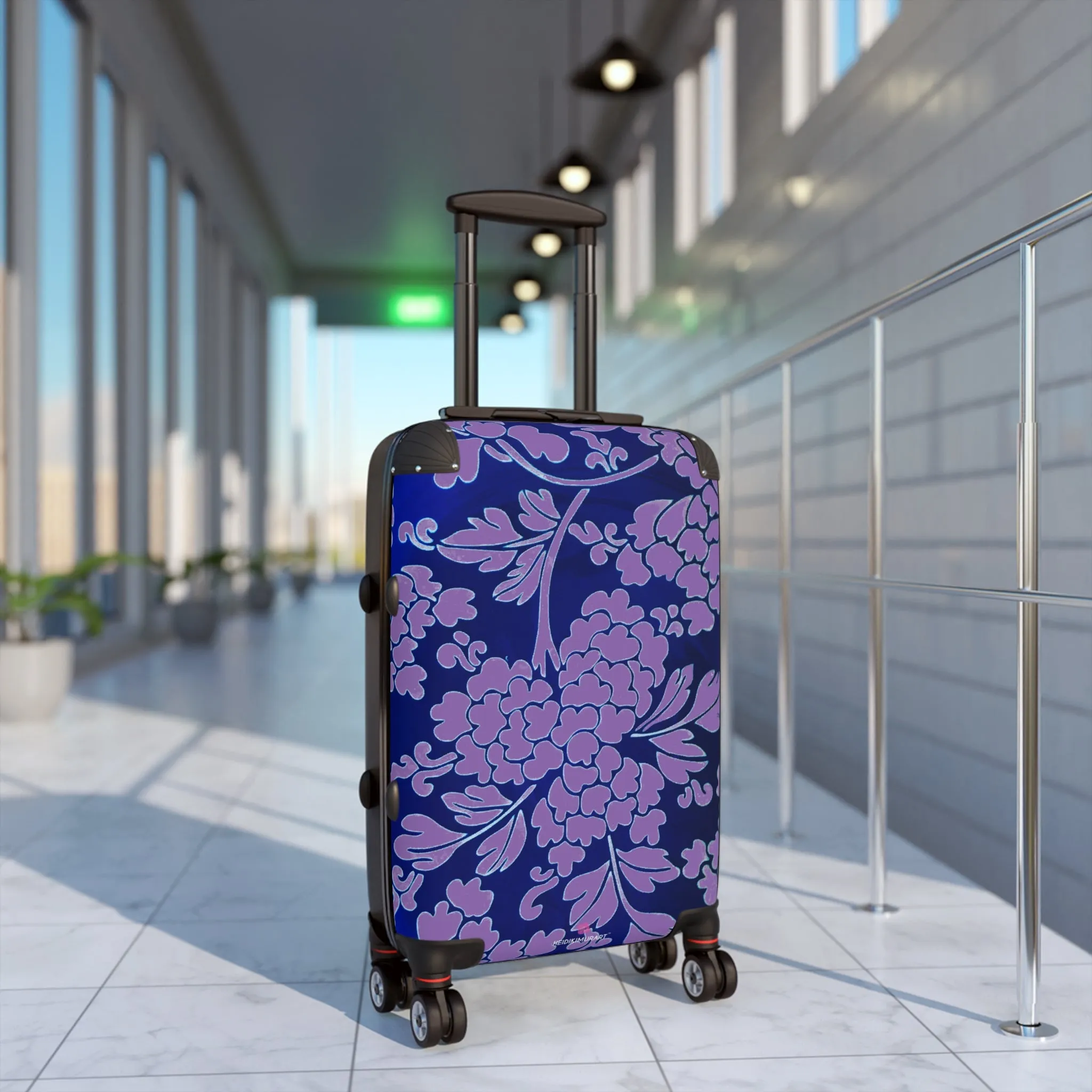 Purple Blue Floral Print Suitcase, Abstract Oriental Style Floral Print Designer Suitcases, Travel Bag Suitcases (Small, Medium, Large)