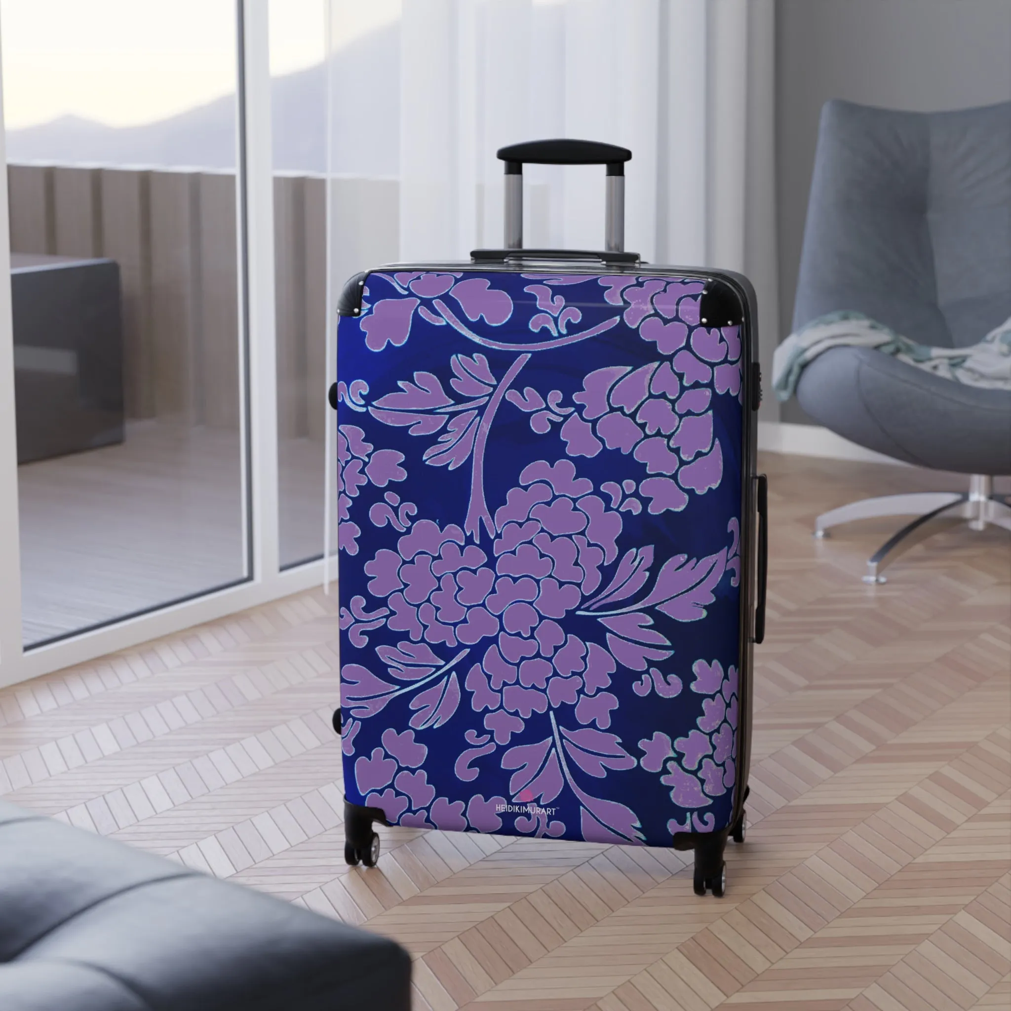 Purple Blue Floral Print Suitcase, Abstract Oriental Style Floral Print Designer Suitcases, Travel Bag Suitcases (Small, Medium, Large)