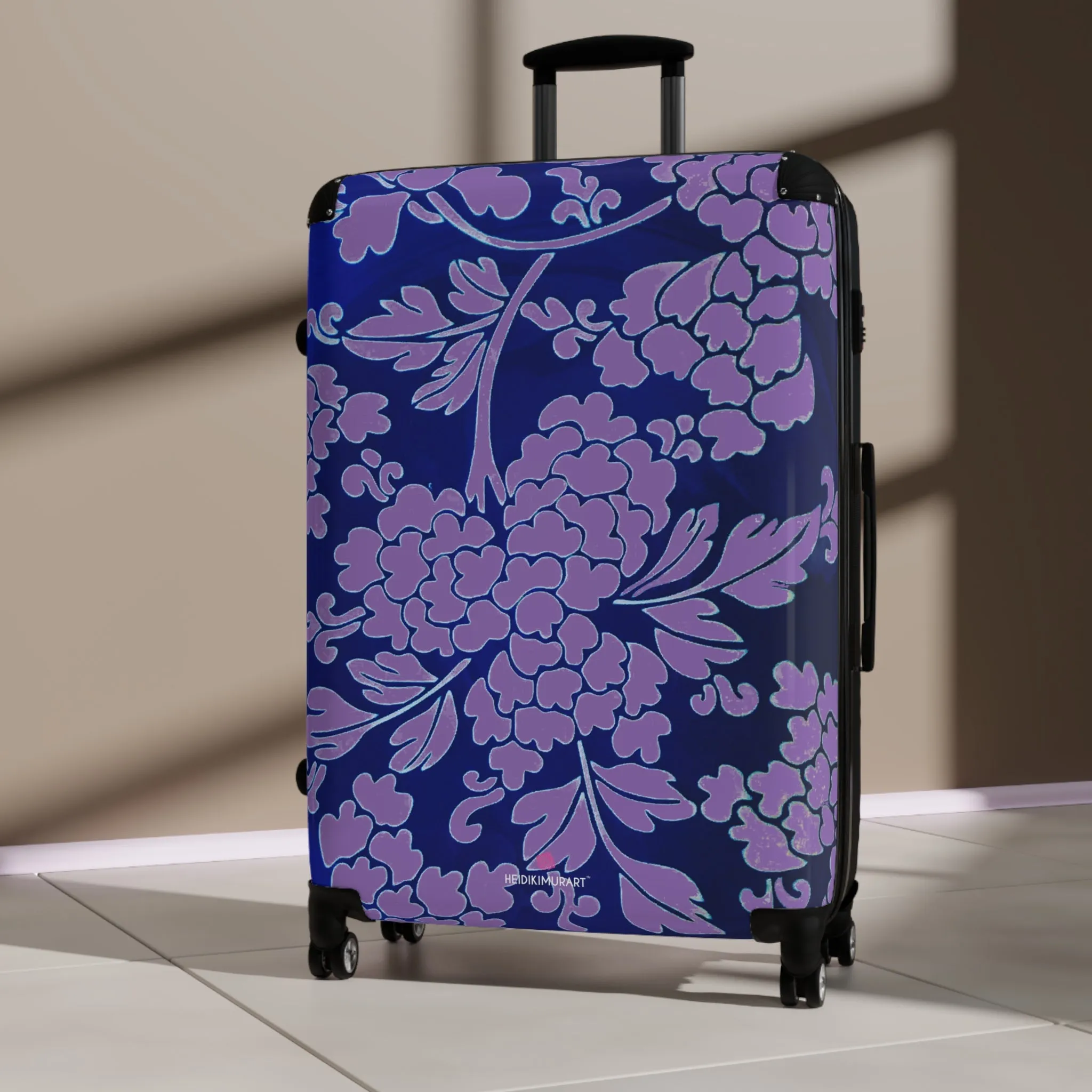 Purple Blue Floral Print Suitcase, Abstract Oriental Style Floral Print Designer Suitcases, Travel Bag Suitcases (Small, Medium, Large)