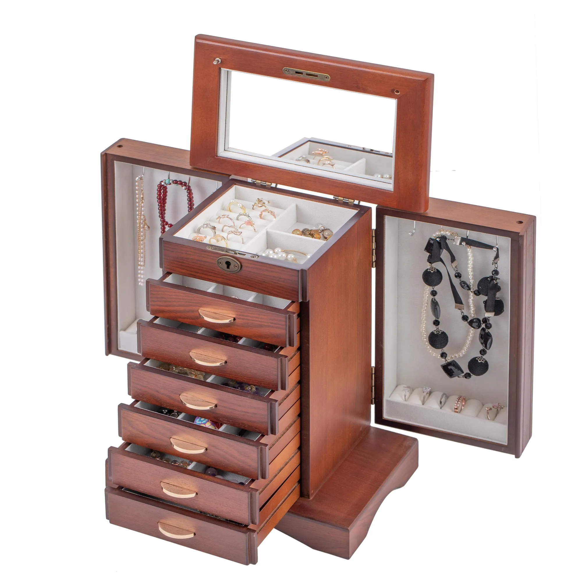 ROWLING Fashion Large Classic Wooden Storage Boxes Bins Luxury Jewelry Box Earring Bracelets Organizer 6 Drawers Mirror