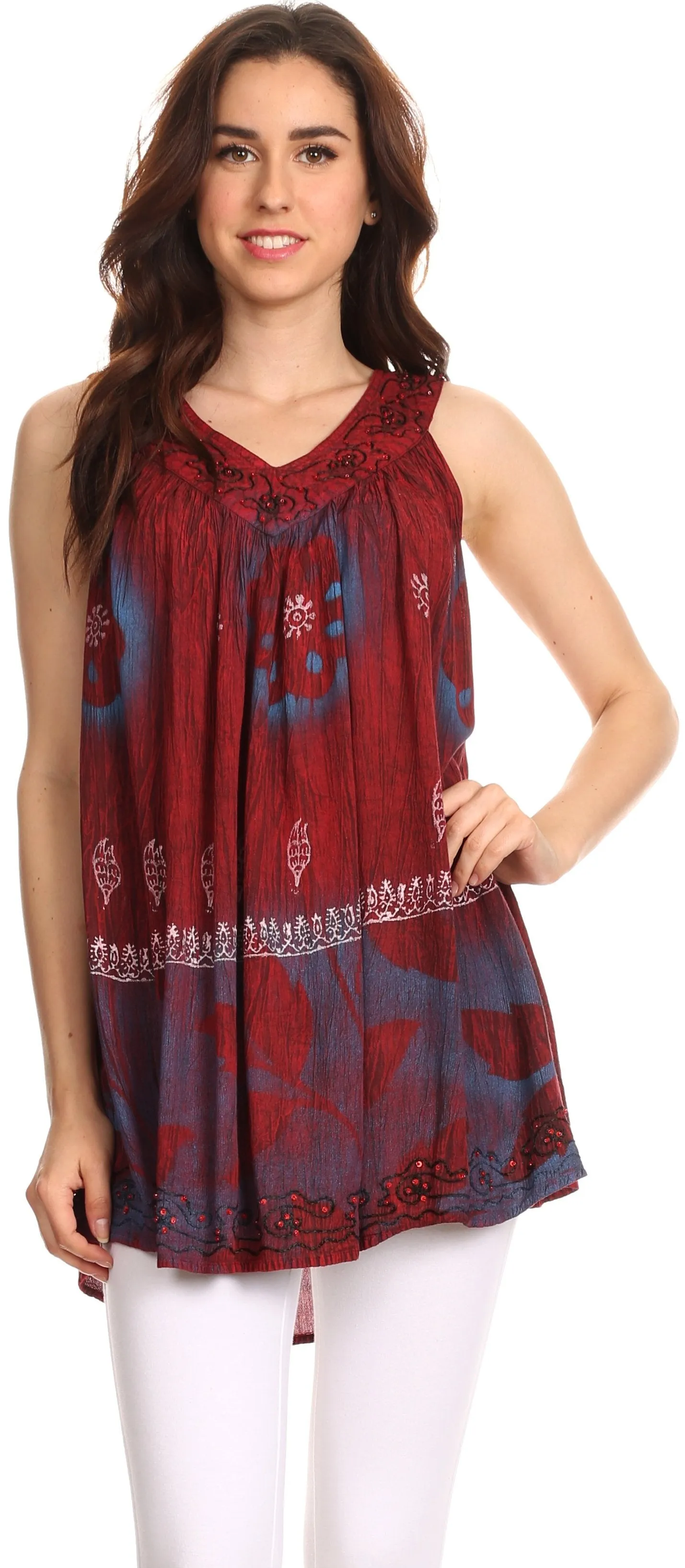 Sakkas Goregianna Long Embroidered Sequin Printed Batik Beaded Tank Top Blouse Top